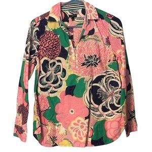 TALBOTS FLORAL PRINT BUTTON FRONT PINK/BLUE BLOUSE SIZE